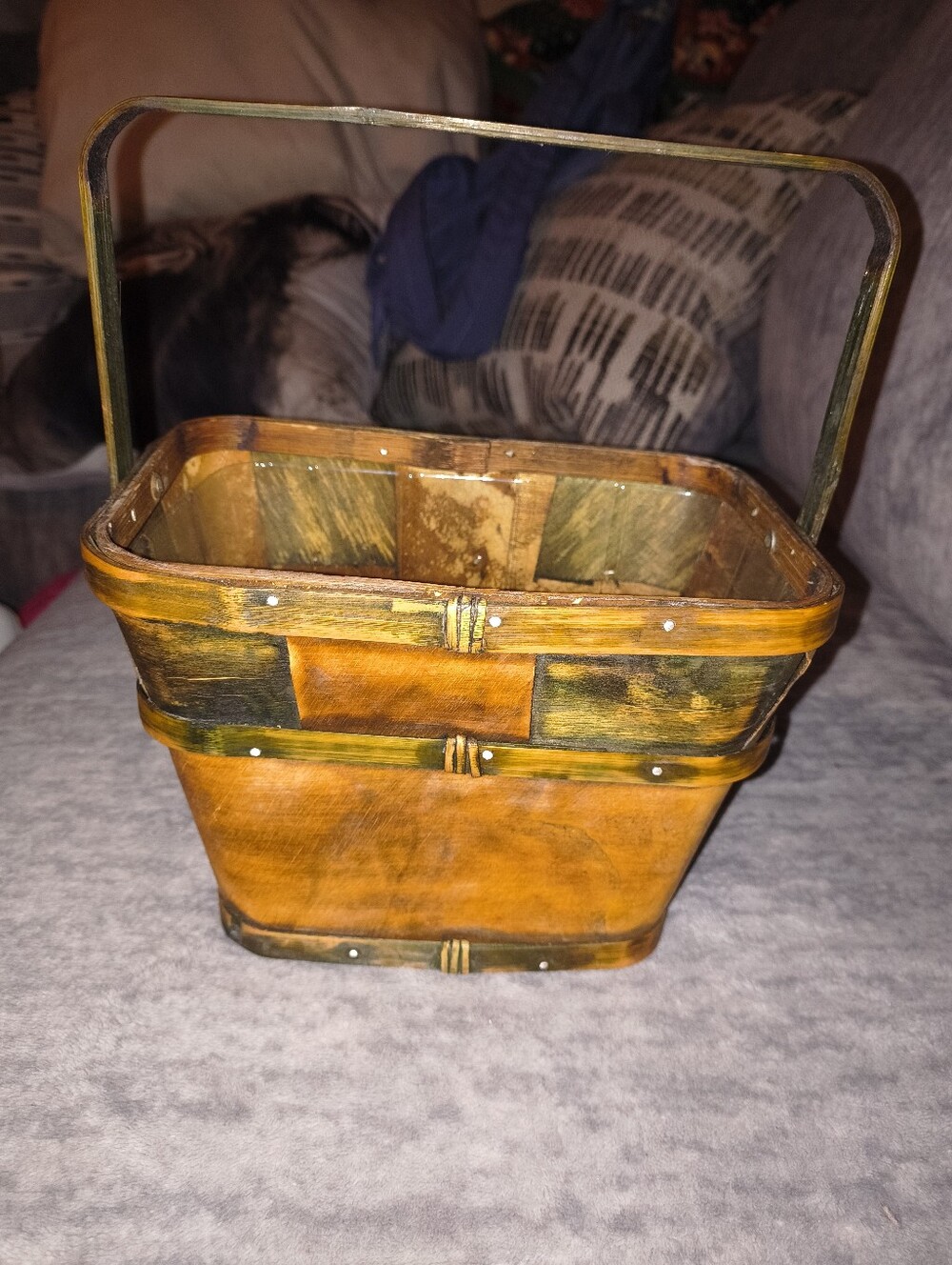 Handcrafted Brown Wooden Accent Basket with Handle